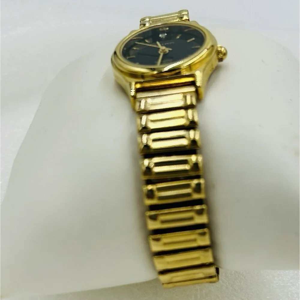 Milan Diamond Quartz Vintage Ladies Watch Gold Stretch Band Black Face